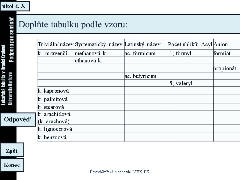 úkol č. 3. Ústav lékařské biochemie LFHK UK Konec Zpět Odpověď Doplňte tabulku podle úkol č. 3. Ústav lékařské biochemie LFHK UK Konec Zpět Odpověď Doplňte tabulku podle